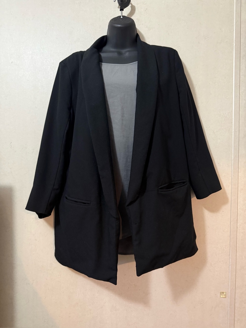 Worthington Black Blazer Size L Open Front Shawl Collar 3/4 Sleeve Work Jacket
